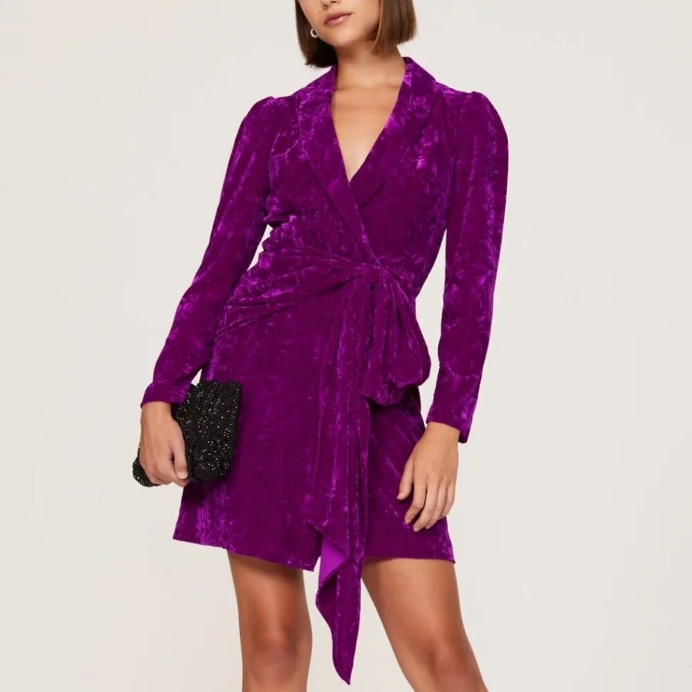 Shoshanna Caroline Mini Dress  Velvet Long Sleeves V Neck Bow Size 6